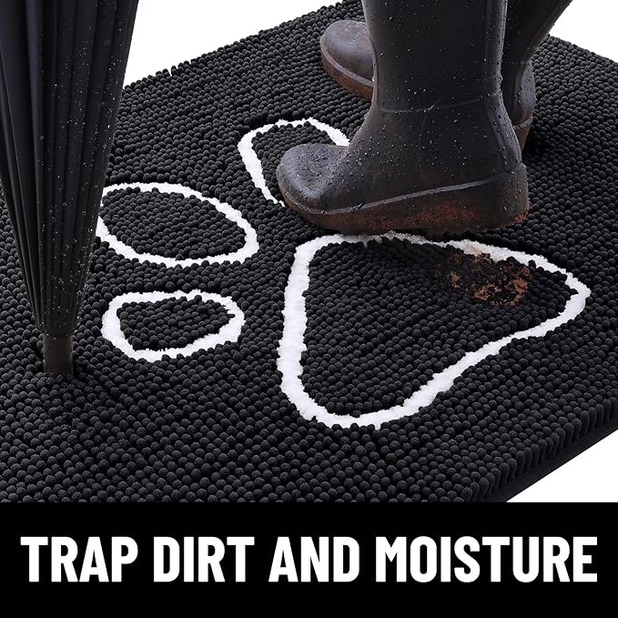 Smiry Dog Door Mat for Muddy Paws, Absorbent Dirt Trapper Non Slip Quick Dry Washable Chenille Mat for Mud Dogs, Entry Rug for Indoor and Outdoor (24x16 Inches, Black)