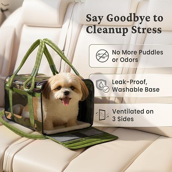 | TSA Airline Approved |Soft Sided Pet Carrier | Cat Carrier | Dog Carrier| Pets Up to 15 lbs | Leash & Luggage Strap | Camo Green Handle