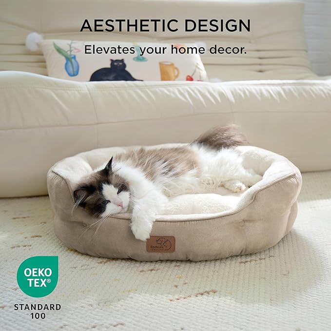 Bedsure Dog Beds for Small Dogs - Round Cat Beds for Indoor Cats, Washable Pet Bed for Puppy and Kitten with Slip-Resistant Bottom, 20 Inches, Camel