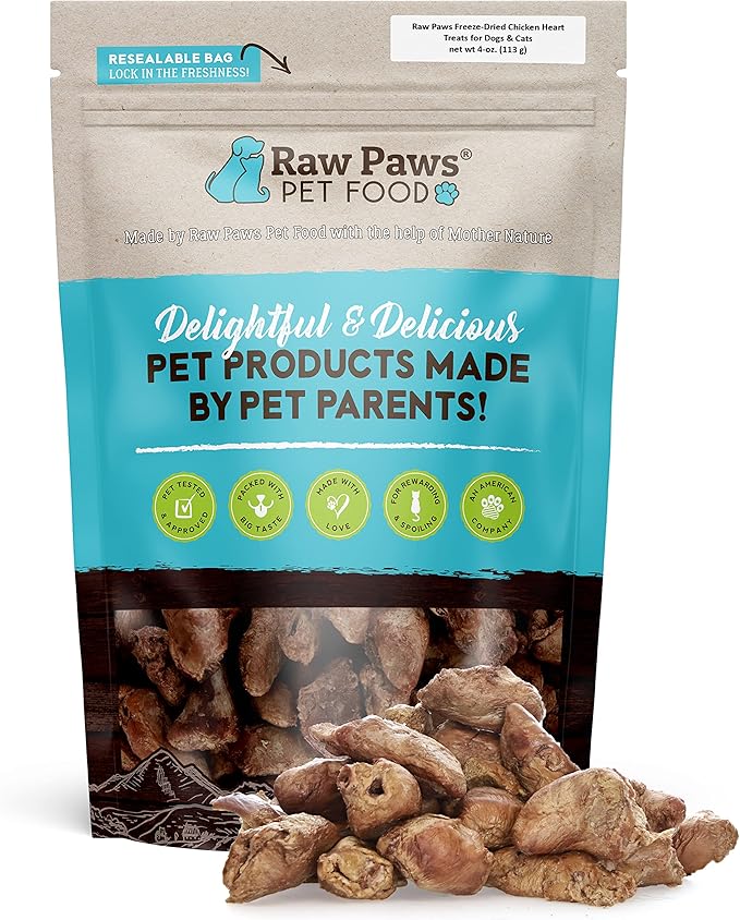 Raw Paws Freeze Dried Chicken Hearts for Dogs & Cats, 4-oz Whole - Made in USA - Freeze Dried Chicken Dog Treats Single Ingredient Treats for Cats