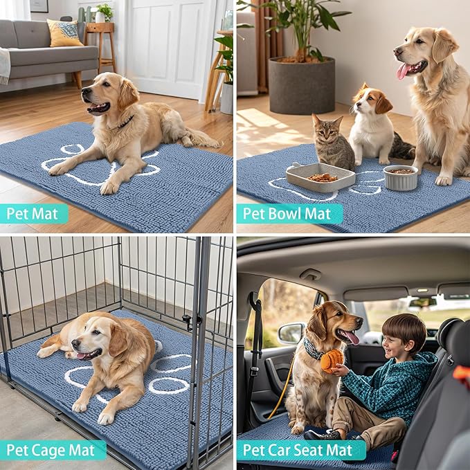 Smiry Dog Door Mat for Muddy Paws, Absorbent Dirt Trapper Non Slip Quick Dry Washable Chenille Mat for Mud Dogs, Entry Rug for Indoor and Outdoor (30x20 Inches, Airy Blue and White)