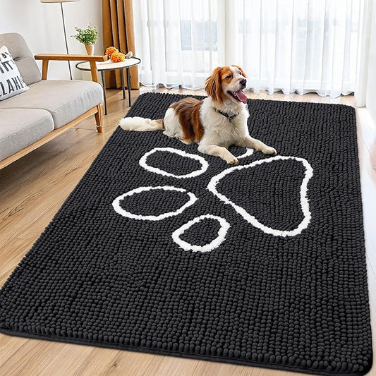 Smiry Dog Door Mat for Muddy Paws, Absorbent Dirt Trapper Non Slip Quick Dry Washable Chenille Mat for Mud Dogs, Entry Rug for Indoor and Outdoor (71x46 Inches, Black)