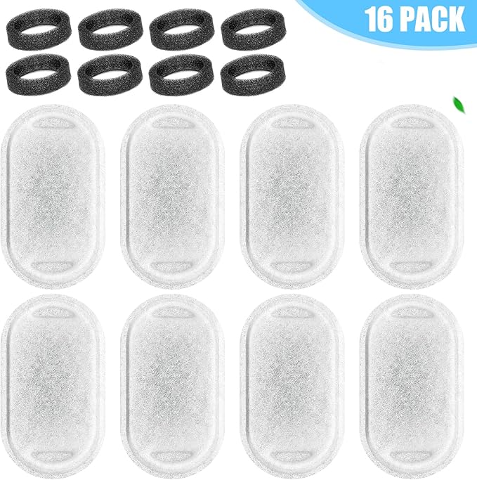 Cat Water Fountain Filter Replacement, 8 Pcs Pet Water Fountain Filters with 8 Pcs Sponges Foam for 67oz/2L & 108oz/3.2L Stainless Steel Automatic Cat Water Fountain Dispenser Filters