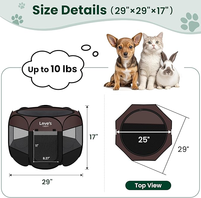 Love's cabin Pet Puppy Dog Playpen, Small Dog Tent Crates Cage Indoor/Outdoor, Portable Playpen for Cat, Foldable Pop Up Dog Kennel Playpen with Carring Case, Removable Zipper Top, Brown