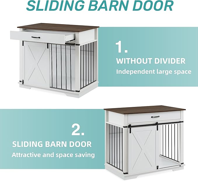 EDYO LIVING 38" Large Dog Crate Furniture with Sliding Barn Door, Wooden Dog Kennel with Drawer for Storage, Water Resistant Indoor Furniture Style Dog Crate for Small/Medium/Large Dog, White