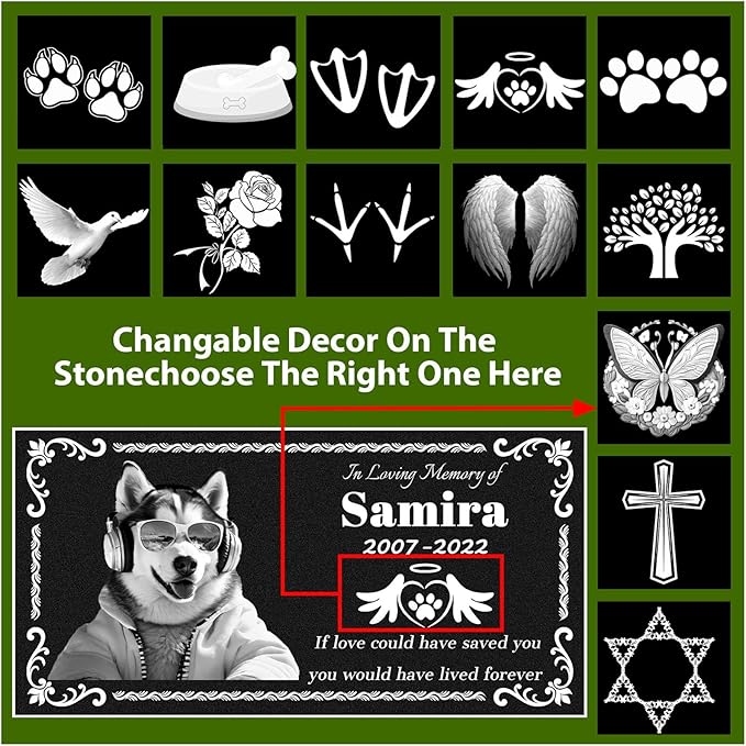 Personalized Granite Pet Grave Marker Dog, Customized 12"×6" Engrave Pet Headstones for Dog with Photo, Cat Memorial Stone Plaque for Memory Garden, Cemetery, Animals Funerary Tombstones Gift