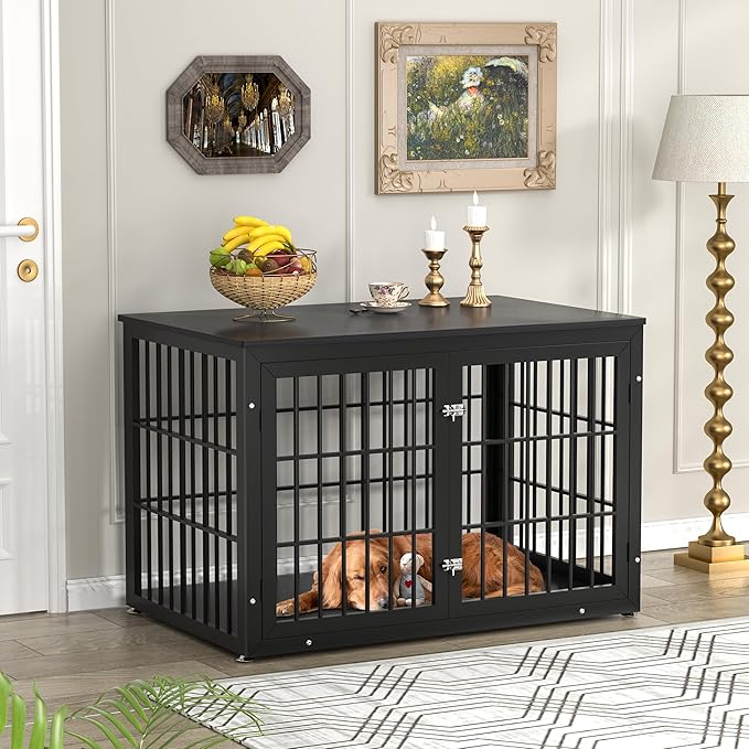 48 Inch Heavy Duty Dog Crate Furniture for Large Dogs, Decorative Pet House End Table, Extra Large Wooden Cage Kennel Furniture Indoor, Black