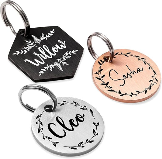 Ultra Joys Stainless Steel Pet ID Tag Dog Name Tags Personalized Front and Back Engraving, Customized Dog Tags and Cat Tag, Optional Engraved on Both Sides, Hexagon Tag with Vine Design, Small