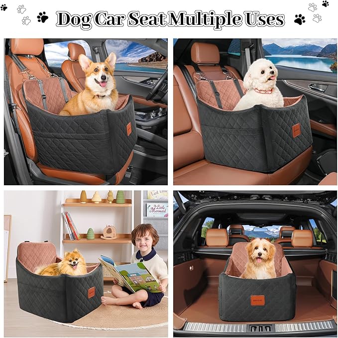 Dog Car Seat for Small/Medium Dogs, Memory Foam Dog Booster Seat, Travel Safety Pet Car Seat with Washable Removable Cover, Storage Pockets for Dogs up to 35 lbs((Black/Brown, Medium)