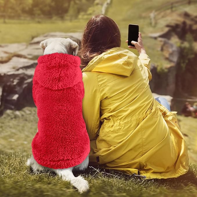 Fuzzy Dog Sweaters for Large Dogs Soft Double-Sided Plush Fleece Pet Sweater Clothes Pet Coats Dog Hoodie Sherpa Hooded Sweatshirt(Red-L)