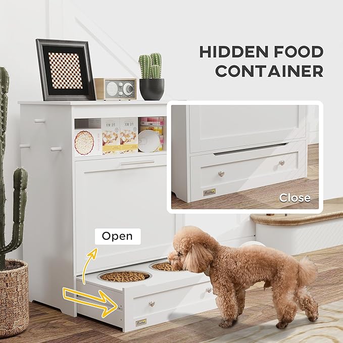 PawHut Dog Feeding Station with Storage, Pet Feeder Cabinet Container with Raised Bowls and Hanger for Feeding & Watering Supplies, Dog Food Organizer, White