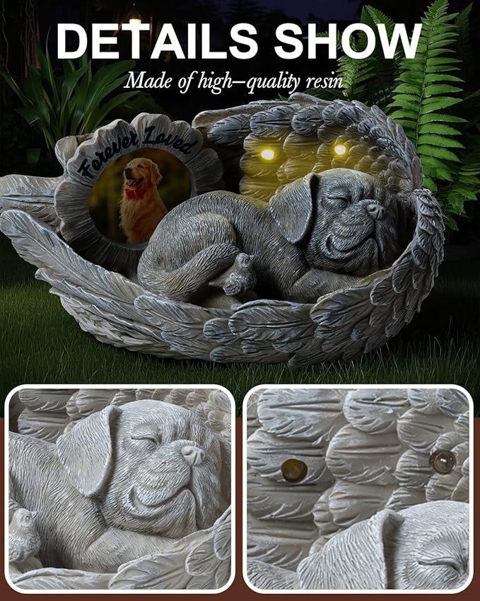 Dog Memorial Gift, Angel Memorial Dog Statue with Photo Frame, Forever My Guardian Angel Garden Solar Light Dogs for Pet Memorial Stone