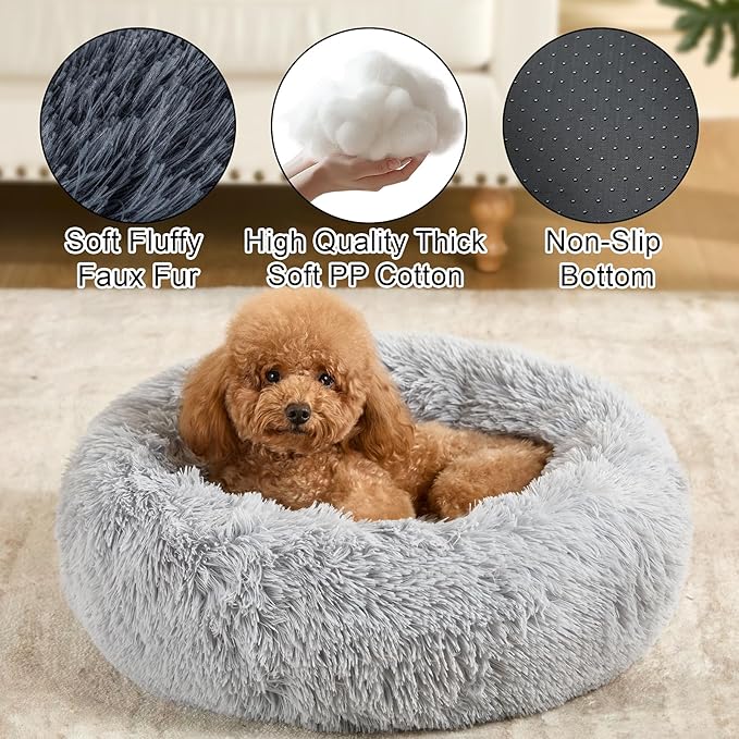 Dog Calming Beds for Small Medium Dogs - Round Donut Washable Dog Bed, Anti-Slip Faux Fur Fluffy Donut Cuddler Anxiety Cat Bed(16" Light Grey)