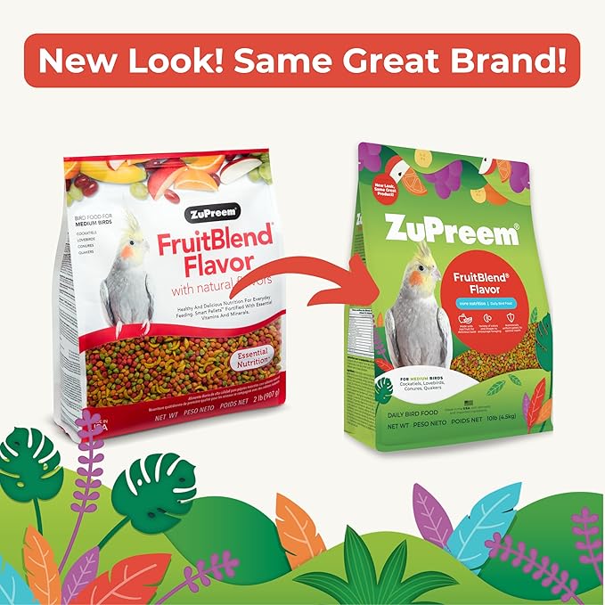 ZuPreem FruitBlend Bird Pellets, Daily Bird Food for Cockatiel, Lovebird, Quaker, Small Conure, Lorikeet, Core Nutrition for Medium Birds, Cockatiel Pellets, Conure Food (M, 2 lbs)