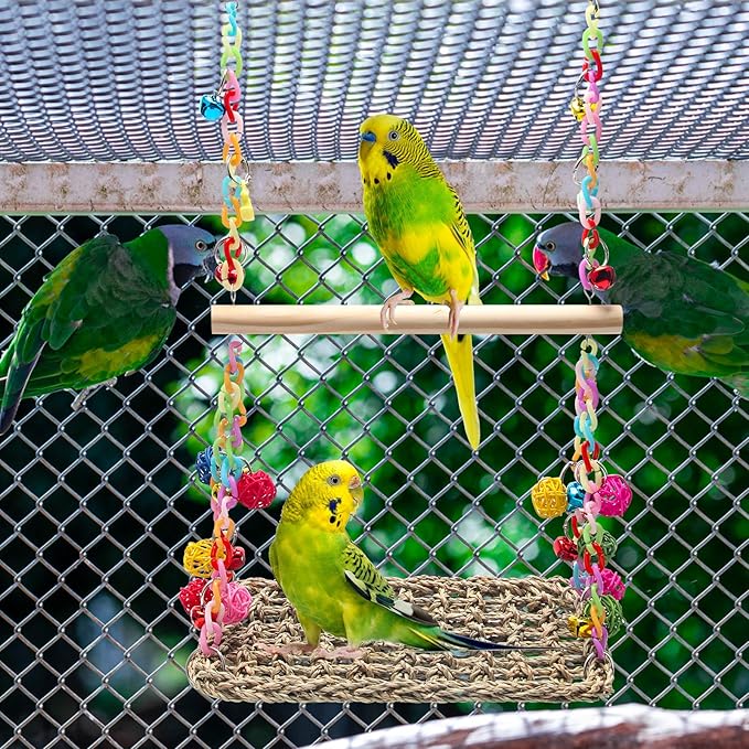 Bird Swing Toys Coolrunner Bird Hammock Bed Hanging Swing Nest Cotton Weave Hemp Rope Bird Seagrass Swing Toys with Colorful Bells Bird Swing Toys for Parakeets, Budgie, Conure, Cockatiel