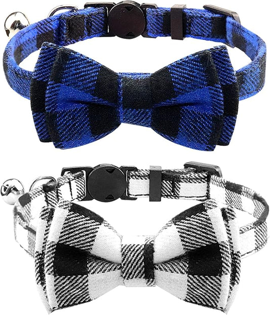 Joytale Upgraded Cat Collar with Bells, Breakaway Cat Collars with Bow Tie, 2 Pack Girl Boy Safety Plaid Kitten Collars, Black+Blue