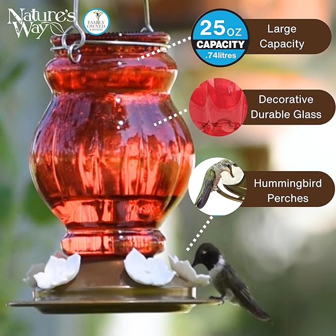 Nature's Way Hanging Glass Hummingbird Feeder for Outdoor Decor, 25 Ounce Capacity Nectar Feeder, 5 Easy to Clean Flexible Ports, Red
