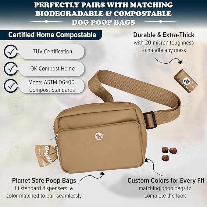 Puppington 3-in-1 Crossbody Dog Walking Bag & Treat Pouch with Matching Planet Safe Poop Bags & Built-In Dispenser - Dog Mom Gift for Puppy Training with Zippered Pockets (Latte Beige)