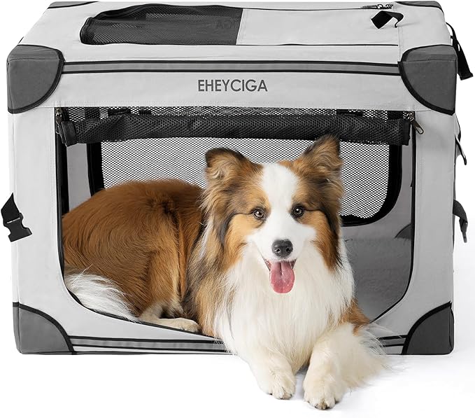 EHEYCIGA Collapsible Dog Crate 30 Inches, Portable Travel Crate for Medium Dogs, Soft Foldable Pet Kennel with 4-Door Mesh Windows Indoor & Outdoor, Grey