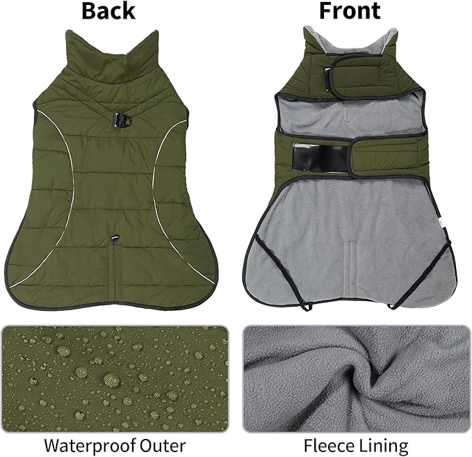 HEYWEAN Dog Winter Coat - Waterproof Windproof Reflective Vest for Medium & Large Breeds Adjustable Warm FleeceLined Jacket with Magic Tape & D-Ring for Leash Cold Weather Apparel (Green, Large)