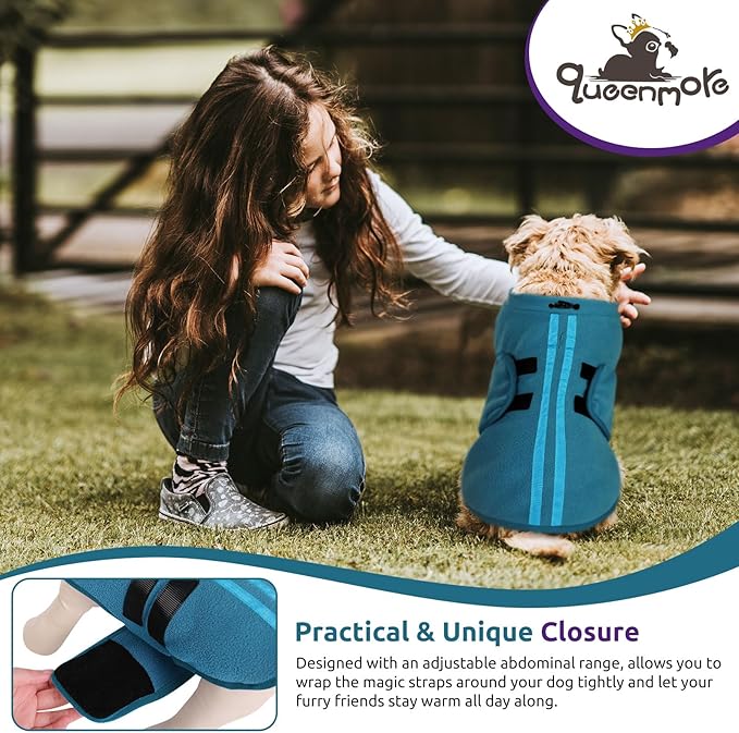 Queenmore XXS Dog Sweaters, Soft Fleece Vest Pullover Dog Jacket with Leash Hole, Warm Winter Dog Clothes Cold Weather Doggy Dachshund Sweater for Small Dogs Cats Boy or Girl (Peacock-Blue, XXS)