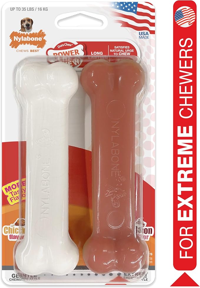 Nylabone Original Bone Power Chew Toy for Dogs, Durable Dog Toys for Aggressive Chewers, Basted Blast Bacon & Chicken Flavor, Medium - Up to 35 lbs, 2 Pack