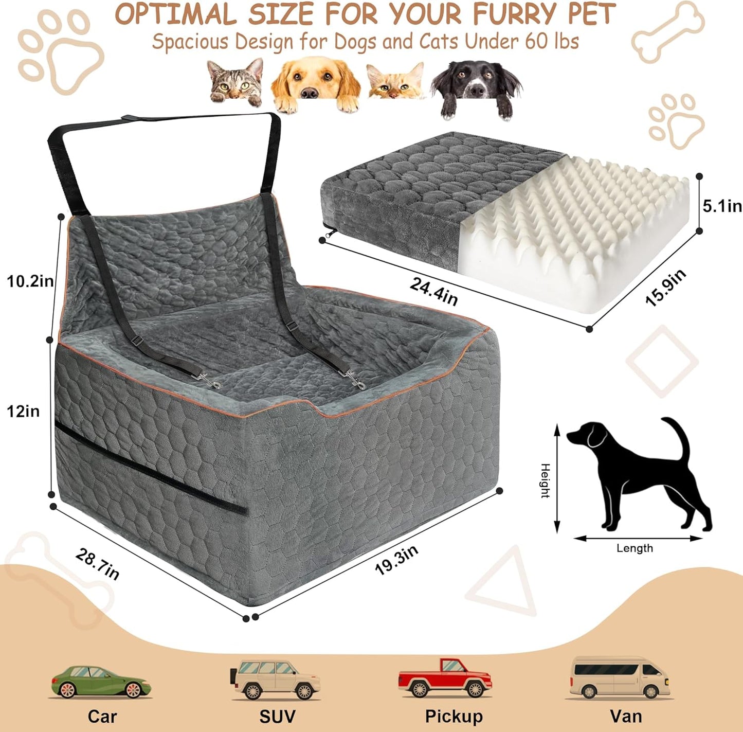 Dog Booster Seat for Larger & Medium Dogs – Comfortable Dog Car Bed with Washable Cover and Storage Pockets for Pets Up to 60lbs (Gray)