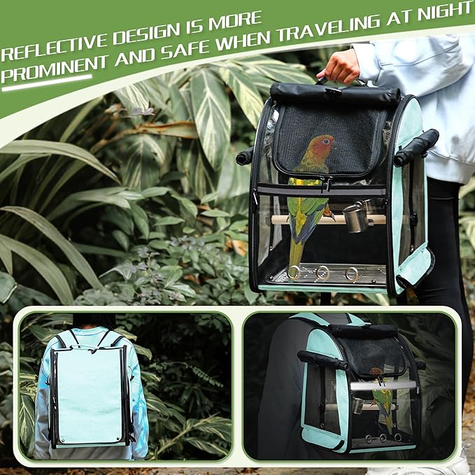 Sanmoncare Bird Carrier Backpack with Stainless Steel Mesh, Parrot Travel Cage with Stand, Easy to Clean, Portable Conures Travel Bag, Pet Breathable Travel Cage