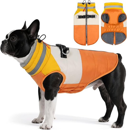 Dog Coats for Small Dogs, Waterproof Warm Dog Winter Jacket with Harness Built in, Reflective Puppy Cold Weather Coats Zip-up Pet Vest with Fleece Lined Dogs Snowsuit, Orange Small