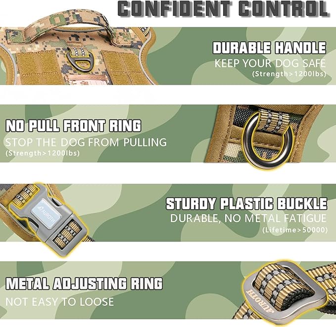 Auroth Tactical Dog Harness for Large Dogs No Pull Adjustable Pet Harness Reflective K9 Working Training Easy Control Pet Vest Military Service Dog Harnesses Woodland Camo XL
