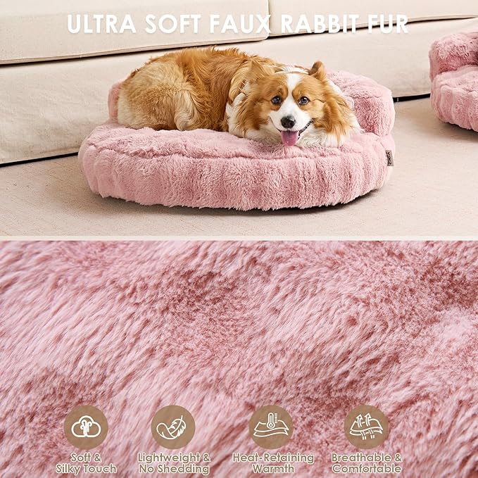 EHEYCIGA Large Dog Bed Sofa – Fluffy Faux Rabbit Fur Pet Couch for Medium and Large Dogs, Washable Removable Cover, Waterproof and Non-Slip, 36 Inch, Pink