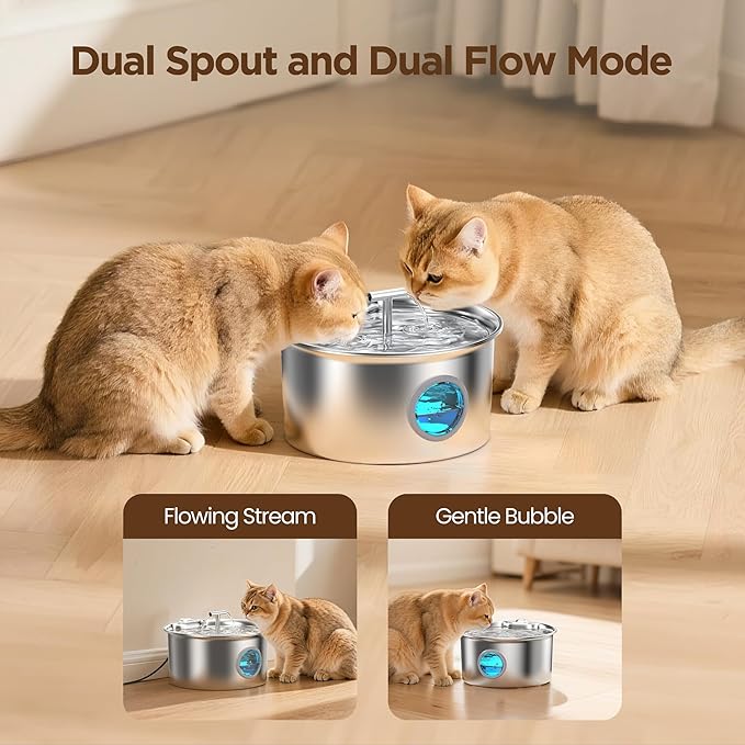 Cat Water Fountain Stainless Steel: 2.6L Cat Fountain for Drinking - Pet Water Fountain for Cats Indoor - Automatic Pet Water Dispenser Bowl - Best Auto Feeding Supplies Gift for Small Dog Large Kitty