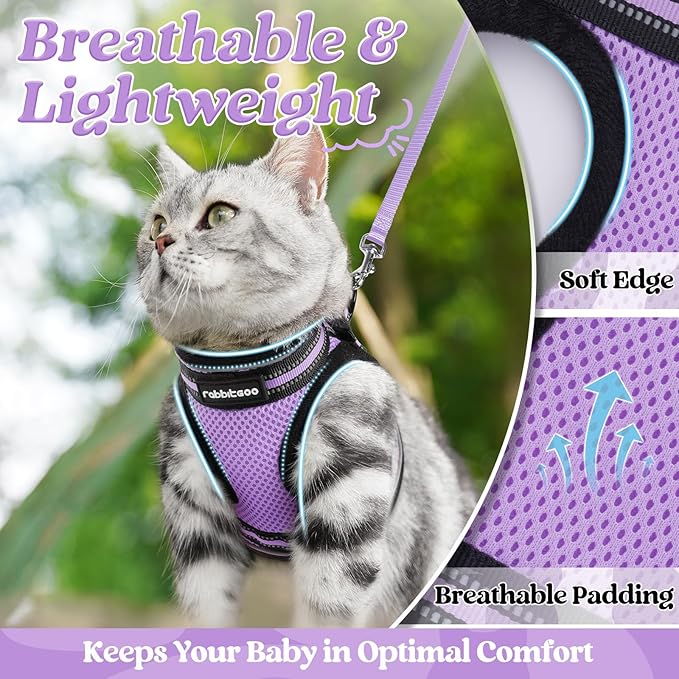 rabbitgoo Cat Harness and Leash Set for Walking Escape Proof, Adjustable Soft Kittens Vest with Reflective Strip for Cats, Comfortable Outdoor Vest, Light Purple, M