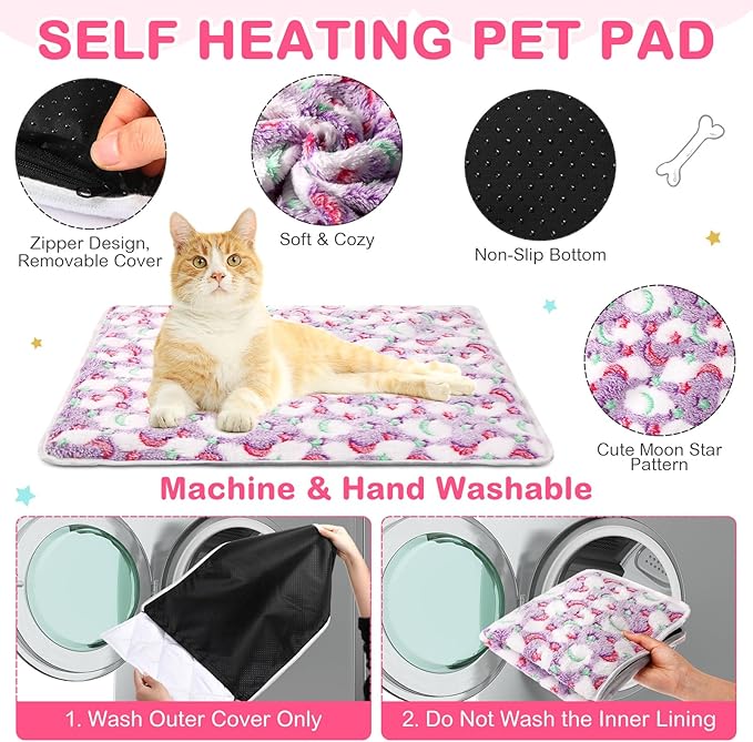 4 Pack Self Heating Cat Bed Cat Self Warming Pad with Removable Cover Extra Warm Thermal Pet Pad Washable Pet Crate Mat Anti Slip Kennel for Indoor Outdoor Pets(Stars Moon,16 x 20 Inches)
