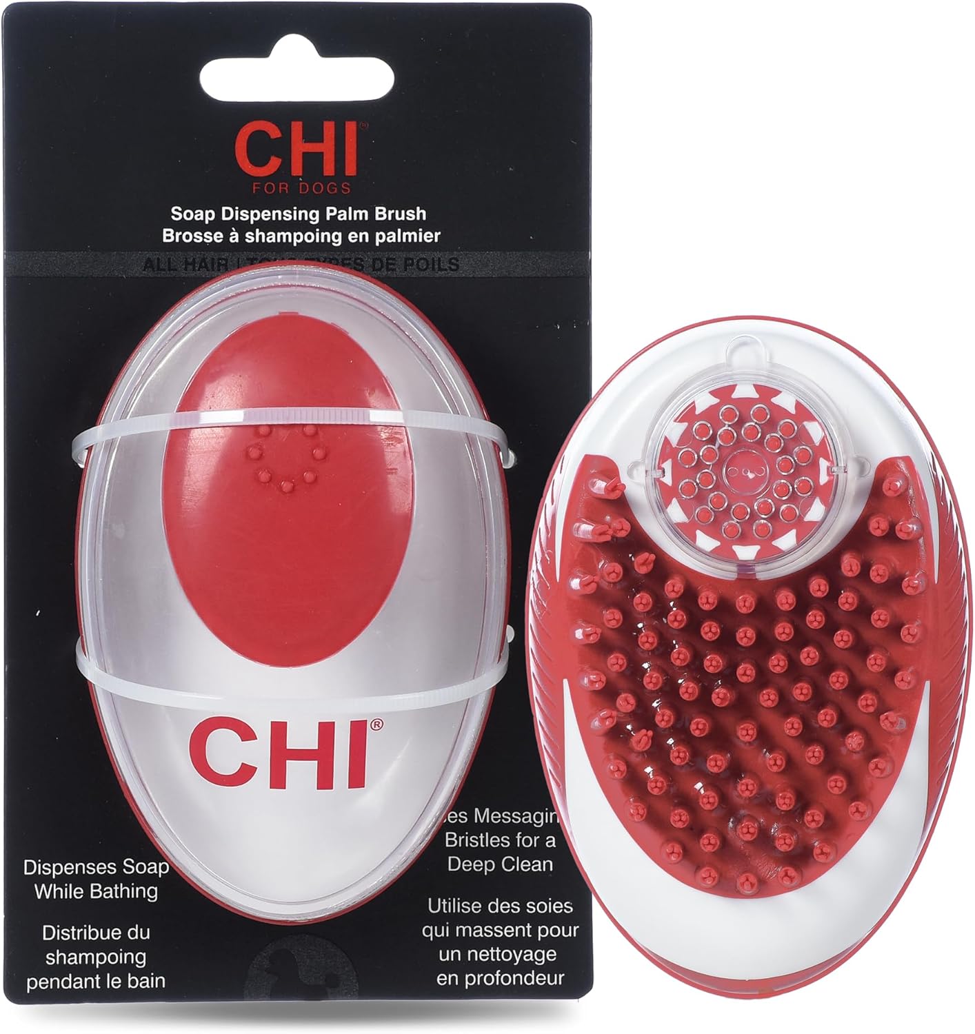 CHI for Dogs Soap Dispensing Palm Brush - Handheld Dog Grooming Tool with Built-in Soap Dispenser - Easy-to-Use Dog Brush for Bathing and Massaging Coats - Gentle on Skin