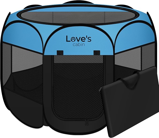 Love's cabin Pet Puppy Dog Playpen, Medium Dog Tent Crates Cage Indoor/Outdoor, Portable Playpen for Cat, Foldable Pop Up Dog Kennel Playpen with Carring Case, Removable Zipper Top, Blue