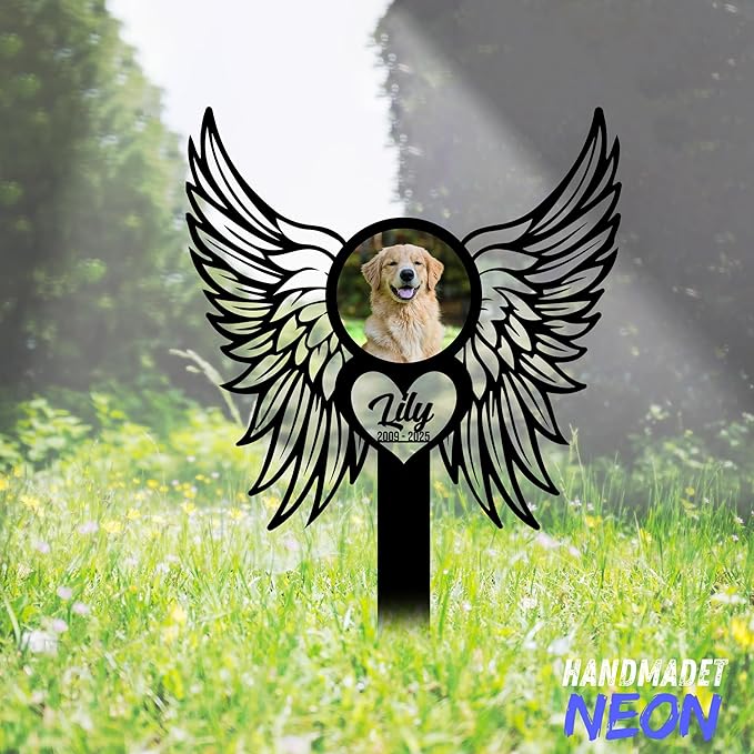 Personalized Dog Memorial Angel Wings Garden Stake with Photo, Custom Picture UV Printed Metal Grave Marker, Image in Loving Memory Outdoor Pet Loss Sympathy Gifts for Dogs Lover