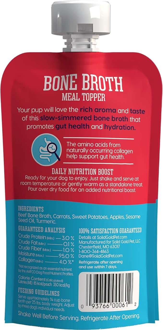 Solid Gold Beef Bone Broth for Dogs - Limited Ingredient Bone Broth Dog Food Toppers for Picky Eaters with Collagen & Superfoods - Dog Gravy Topper for Dry Food - Gut Health & Hydration - 12 Pack