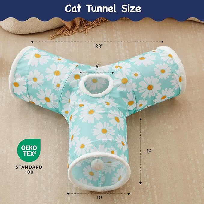 Tempcore Pet Cat Tunnel Tube Cat Toys 3 Way Collapsible, Cat Tunnels for Indoor Cats，Kitty Tunnel Bored Pet Toys Peek Hole Toy Ball, Puppy, Kitty, Kitten, Rabbit Daisy Blue Printed