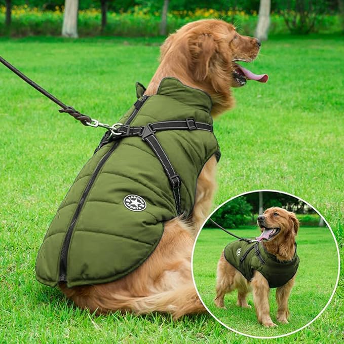 Aiboria Dog Jackets for Winter Windproof Waterproof 2 in 1 Outfit Cold Weather Coat Dog Vest Harness Puppy Winter Warm Jacket Green L
