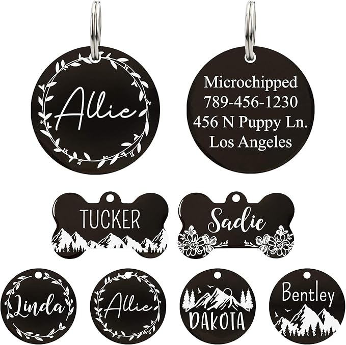 UltraJoys Stainless Steel Pet ID Tag Dog Name Tags Personalized Front and Back Engraving, Customized Dog Tags and Cat Tags, Optional Engraved on Both Sides, Round Tag with Vine Design 2, Large Black