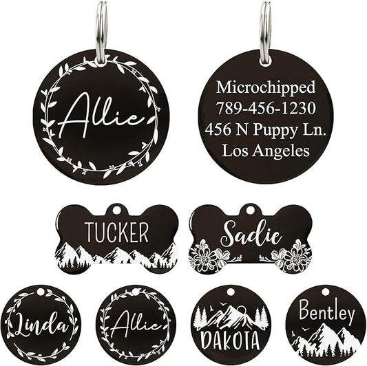 UltraJoys Stainless Steel Pet ID Tag Dog Name Tags Personalized Front and Back Engraving, Customized Dog Tags and Cat Tags, Optional Engraved on Both Sides, Round Tag with Vine Design 2, Large Black