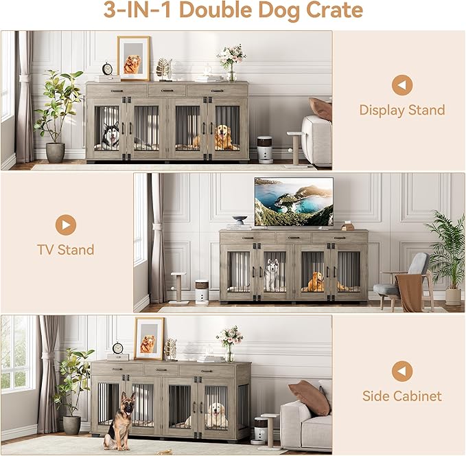 71'' Dog Crate Furniture, Wooden Indoor Dog Kennel for 2 Dogs with 3 Drawers and Removable Room Divider, XXL Double Dog Crate TV Stand End Table with Double Doors for Large Medium Dogs, Grey