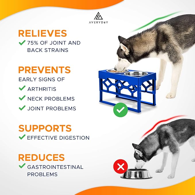 AVERYDAY Large Dog Bowls Elevated, 4 Height Adjustable Raised Dog Bowl Stand with 2 Stainless Steel Food and Water Bowls Set, Tall Dogs Feeding Station with Anti-Slip Base for Medium Large Breeds Dogs