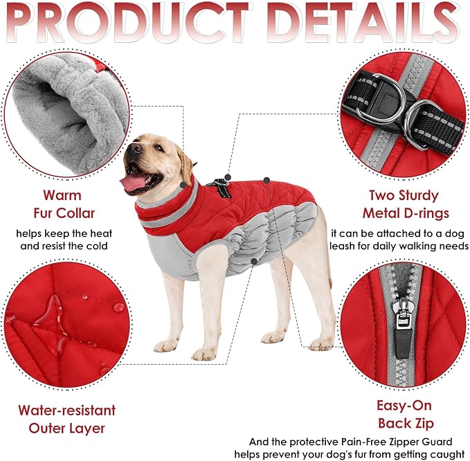 AOFITEE Dog Coat, Warm Dog Jackets for Large Dogs, Reflective Turtleneck Dogs Winter Coat with Harness Built in, Waterproof Windproof Pet Snow Jacket Fleece Vest for Cold Weather, Christmas Red XXL