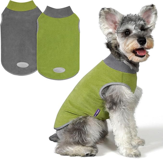 cyeollo 2 Pack Dog Sweater Fleece Vest Dog Sweatshirt Reflective Lightweight Clothes for Small Dogs Boy Girl Pet Apparel Grass Green, Grey, S