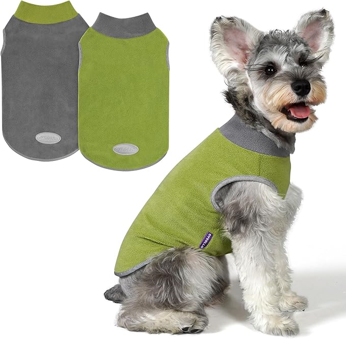 cyeollo 2 Pack Dog Sweater Fleece Vest Dog Sweatshirt Reflective Lightweight Doggie Clothes for Small Dogs Boy Girl Pet Apparel Grass Green, Grey, M