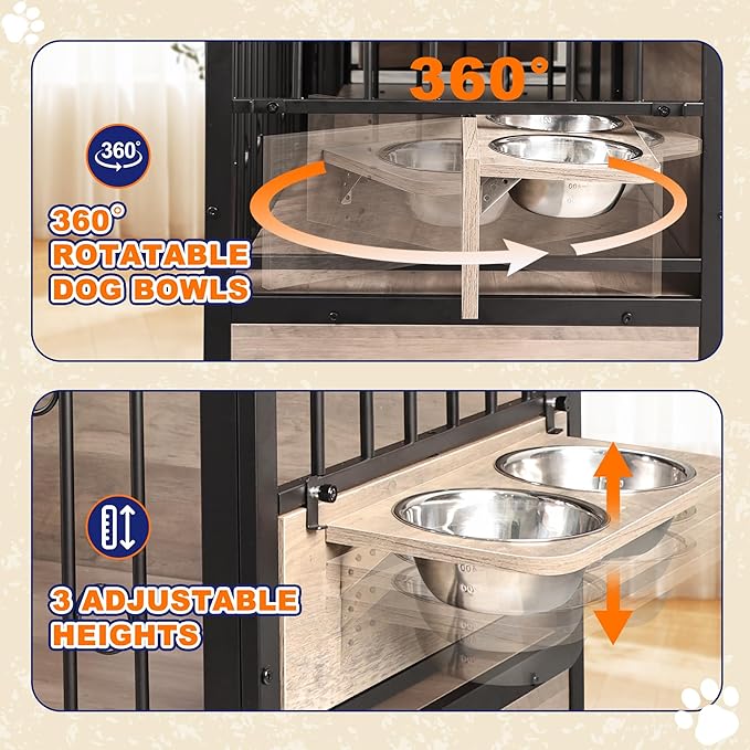 75'' Dog Crate Furniture Large Storage TV Stand with Dual Cushion / 4 Bowls/Double Rooms, Wooden Dog Kennel Dog Crate End Table with Removable Divider for Large Medium Dogs, Greige