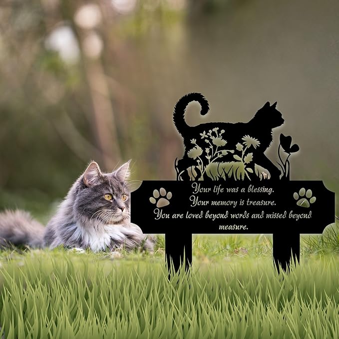 Cat Grave Marker Outdoor Memorial – 12in Metal Pet Memorial Plaque with Garden Cat Silhouette, Weatherproof Headstone for Yard or Indoor Tribute, Sympathy Gift for Loss of Cat