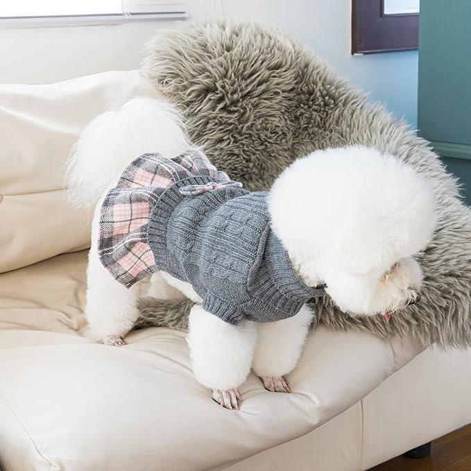 WOYYHO Girl Dog Sweater Dress with Bowtie Turtleneck Small Dogs Sweater with Leash Hole, Knitted Small Dog Sweaters Dress Puppy Winter Clothes for Yorkies Chihuahua (Medium, Gray)